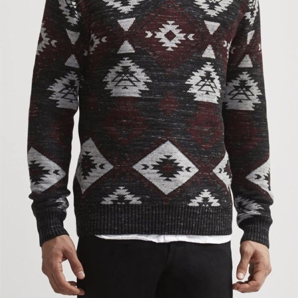 Mens TRASH NOUVEAU Aztec Tribal Black Gray Burgundy Toggle Shawl Neck Sweater M - Picture 5 of 16